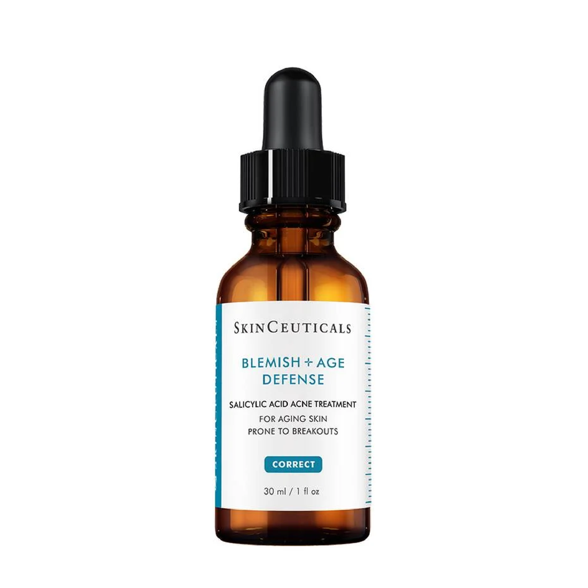 SkinCeuticals Blemish + Age Defense skincare dropper bottle on a white background