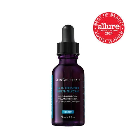 SkinCeuticals HA Intensifier Multi-Glycan serum bottle with dropper on a white background, featuring Allure Best of Beauty 2024 award.