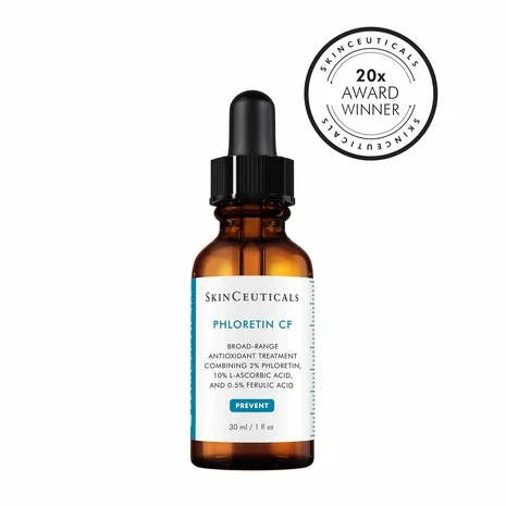 SkinCeuticals Phloretin CF skincare serum bottle on a white background with award badge.