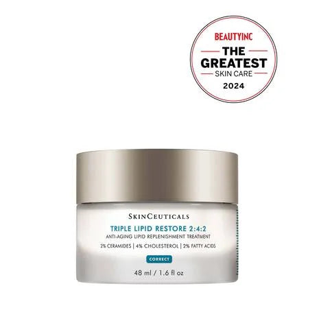 SkinCeuticals Triple Lipid Restore jar with a certification badge on a white background
