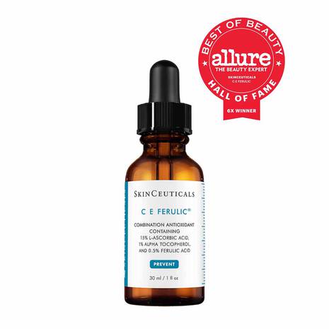 Skinceuticals C E Ferulic bottle with Allure Best of Beauty Hall of Fame award on a white background