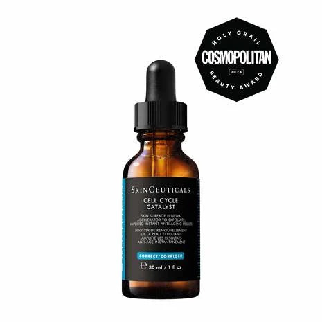 Skinceuticals Cell Cycle Catalyst bottle with a Cosmopolitan Beauty Award badge on a white background